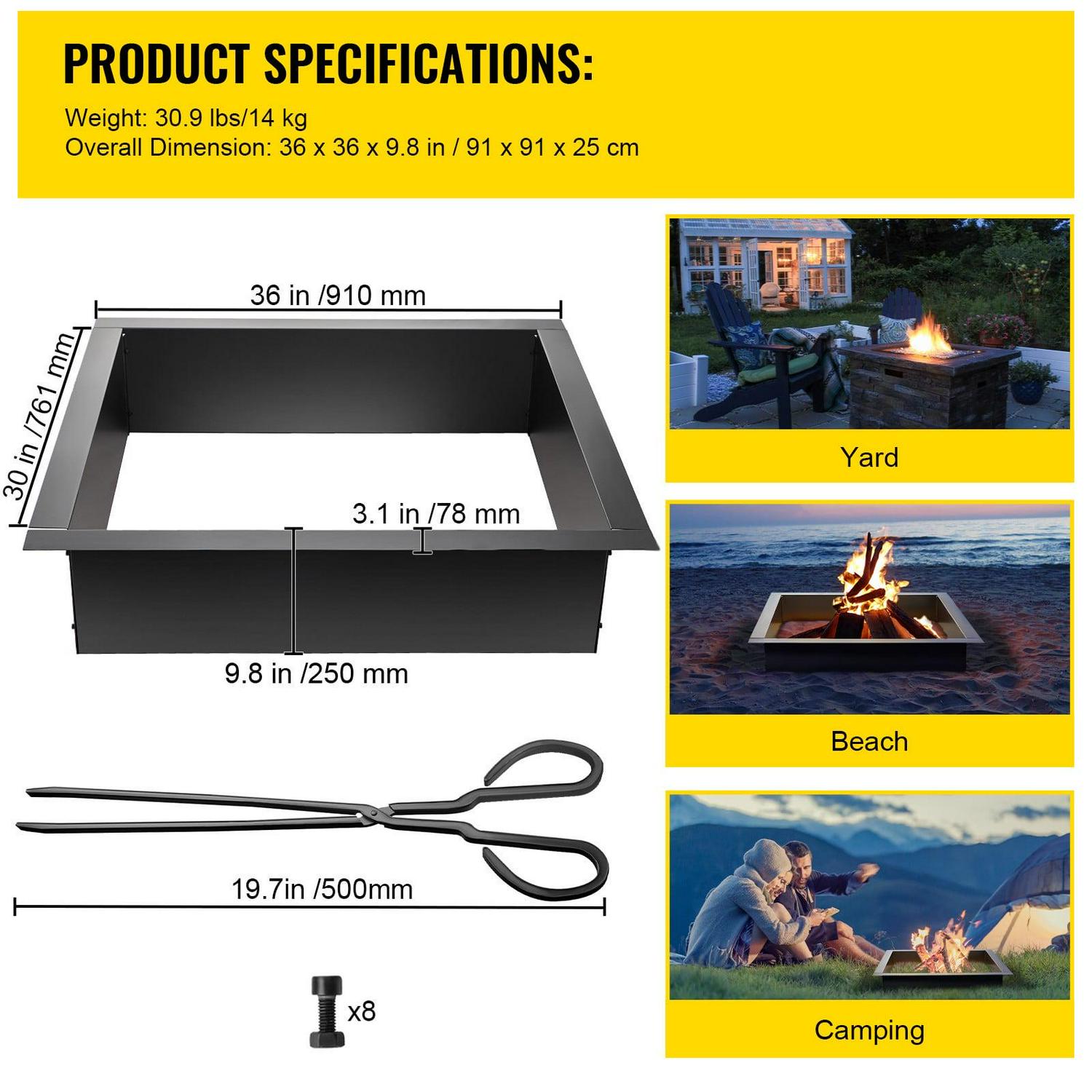 BENTISM Fire Pit Ring, 30" Square Fire Pit Insert, Heavy Duty Steel Fire Ring, DIY Bonfire Liner with Tongs Insert with Simple Installation for Outdoor, Patio, Backyard - Image 7