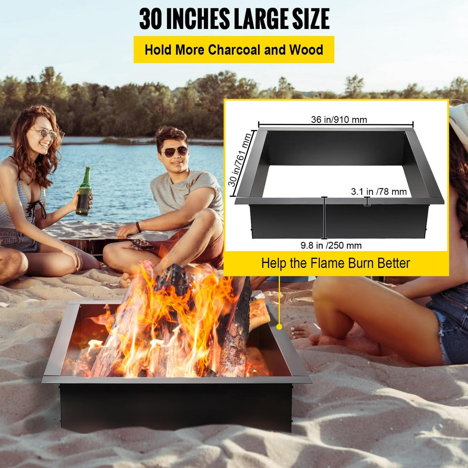 BENTISM Fire Pit Ring, 30" Square Fire Pit Insert, Heavy Duty Steel Fire Ring, DIY Bonfire Liner with Tongs Insert with Simple Installation for Outdoor, Patio, Backyard - Image 3