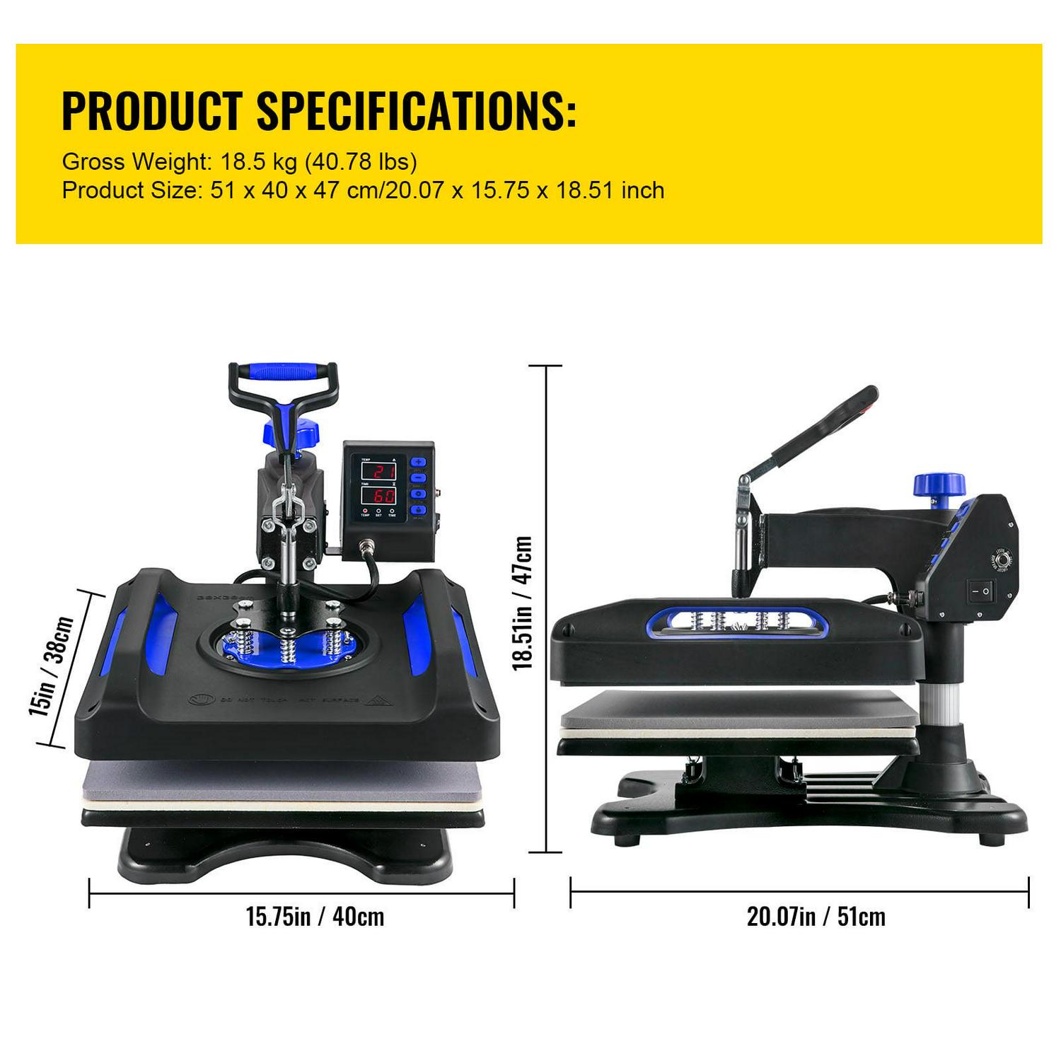 BENTISM Heat Press Machine 8 in 1, 15" x 15" 800W Dual-Tube Heating Press Sublimation Machine 360° Rotation Swing Away T-Shirt Printing Machine for DIY T-Shirts Cap & Mugs Blue - Image 7