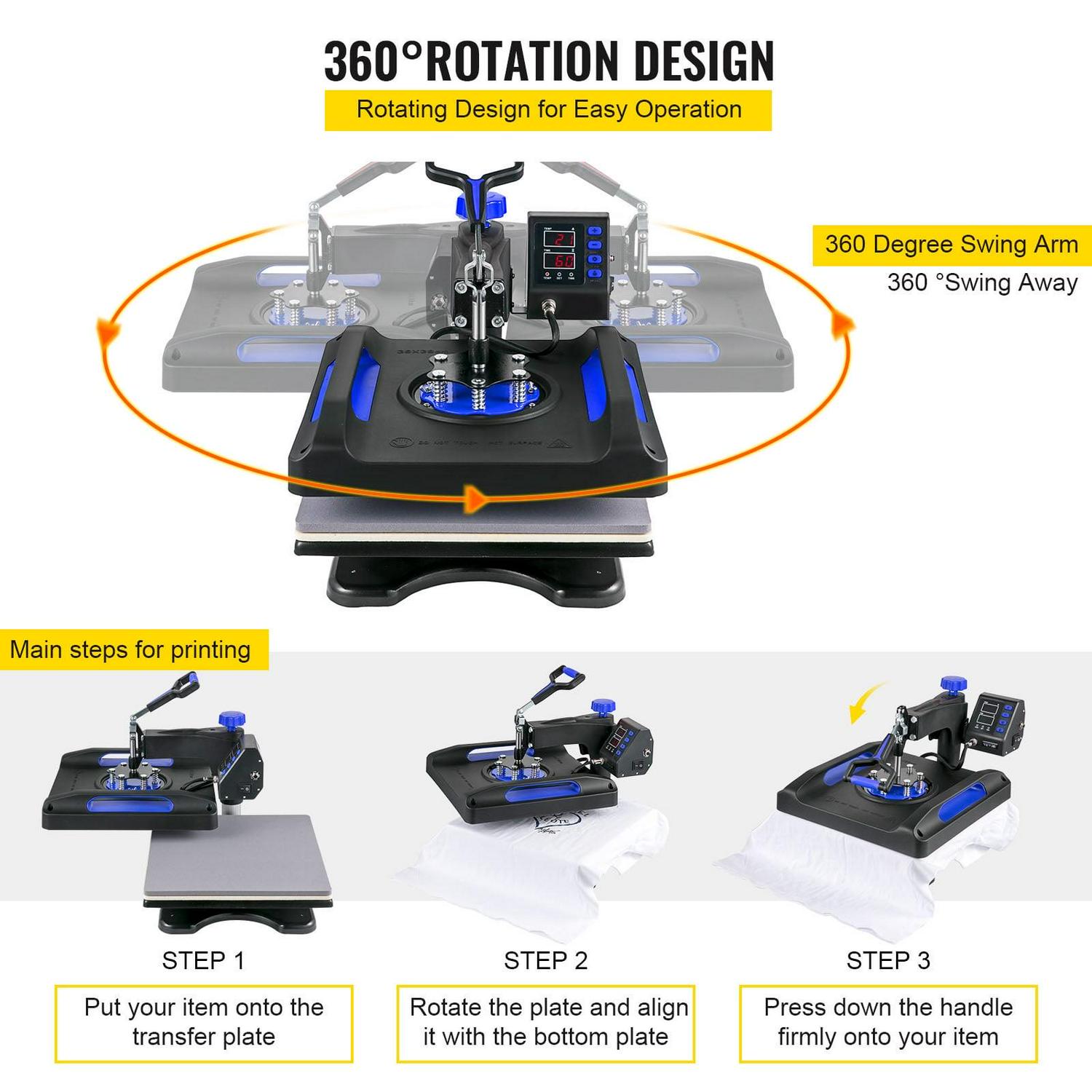 BENTISM Heat Press Machine 8 in 1, 15" x 15" 800W Dual-Tube Heating Press Sublimation Machine 360° Rotation Swing Away T-Shirt Printing Machine for DIY T-Shirts Cap & Mugs Blue - Image 5