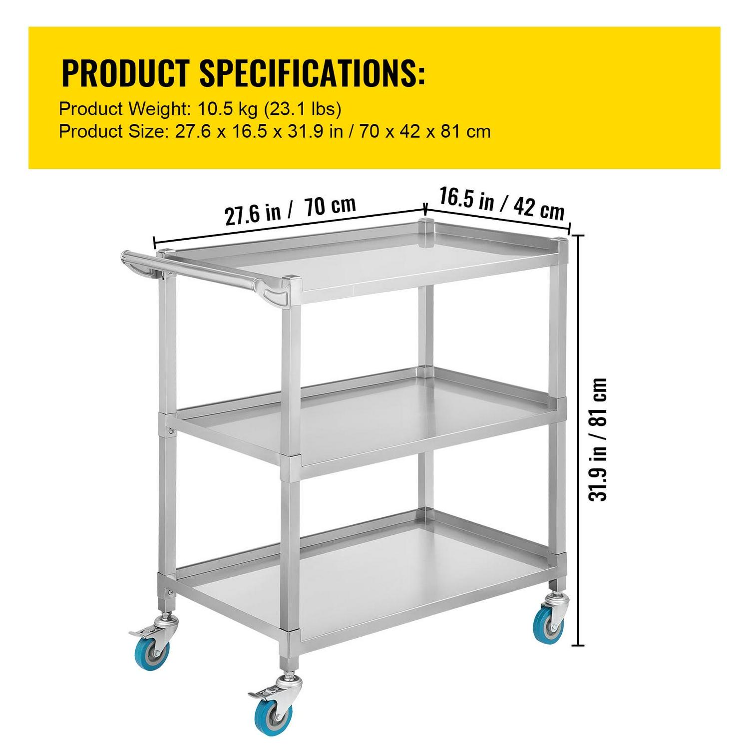 BENTISM Lab Utility Cart, 500 lbs Weight Capacity Rolling Cart, 3 Shelves Mobile Clinic Cart, Sturdy Stainless Steel Frame Lab Trolley, 360° Silent Rolling Wheels w/ Foot Brake, for Lab Clinic Salon - Image 7