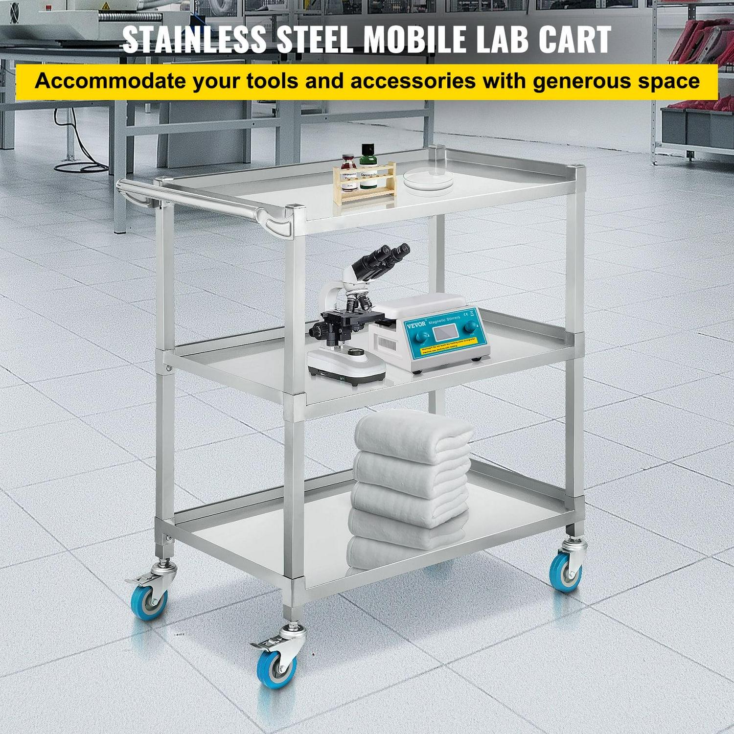 BENTISM Lab Utility Cart, 500 lbs Weight Capacity Rolling Cart, 3 Shelves Mobile Clinic Cart, Sturdy Stainless Steel Frame Lab Trolley, 360° Silent Rolling Wheels w/ Foot Brake, for Lab Clinic Salon - Image 2
