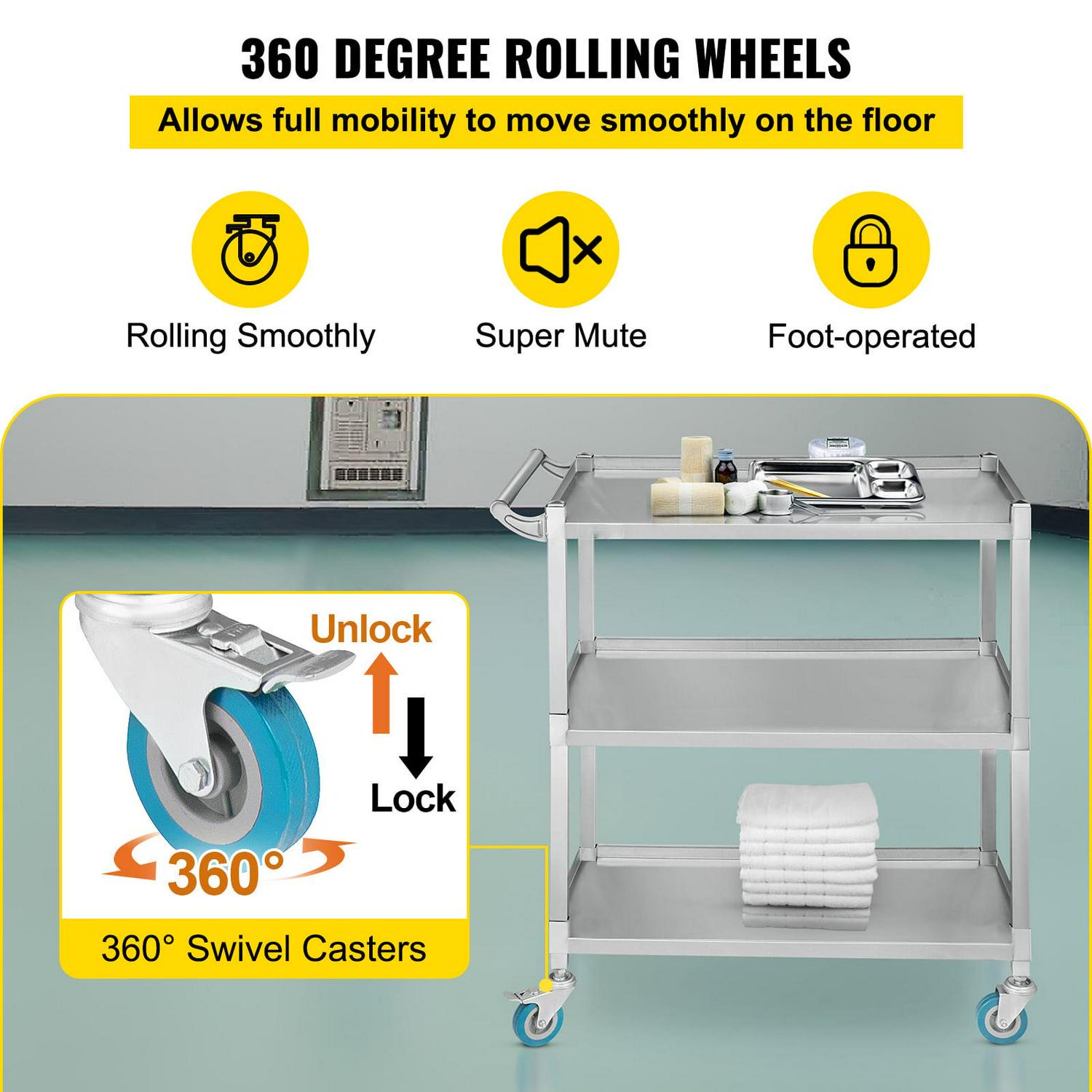 BENTISM Lab Utility Cart, 500 lbs Weight Capacity Rolling Cart, 3 Shelves Mobile Clinic Cart, Sturdy Stainless Steel Frame Lab Trolley, 360° Silent Rolling Wheels w/ Foot Brake, for Lab Clinic Salon - Image 5