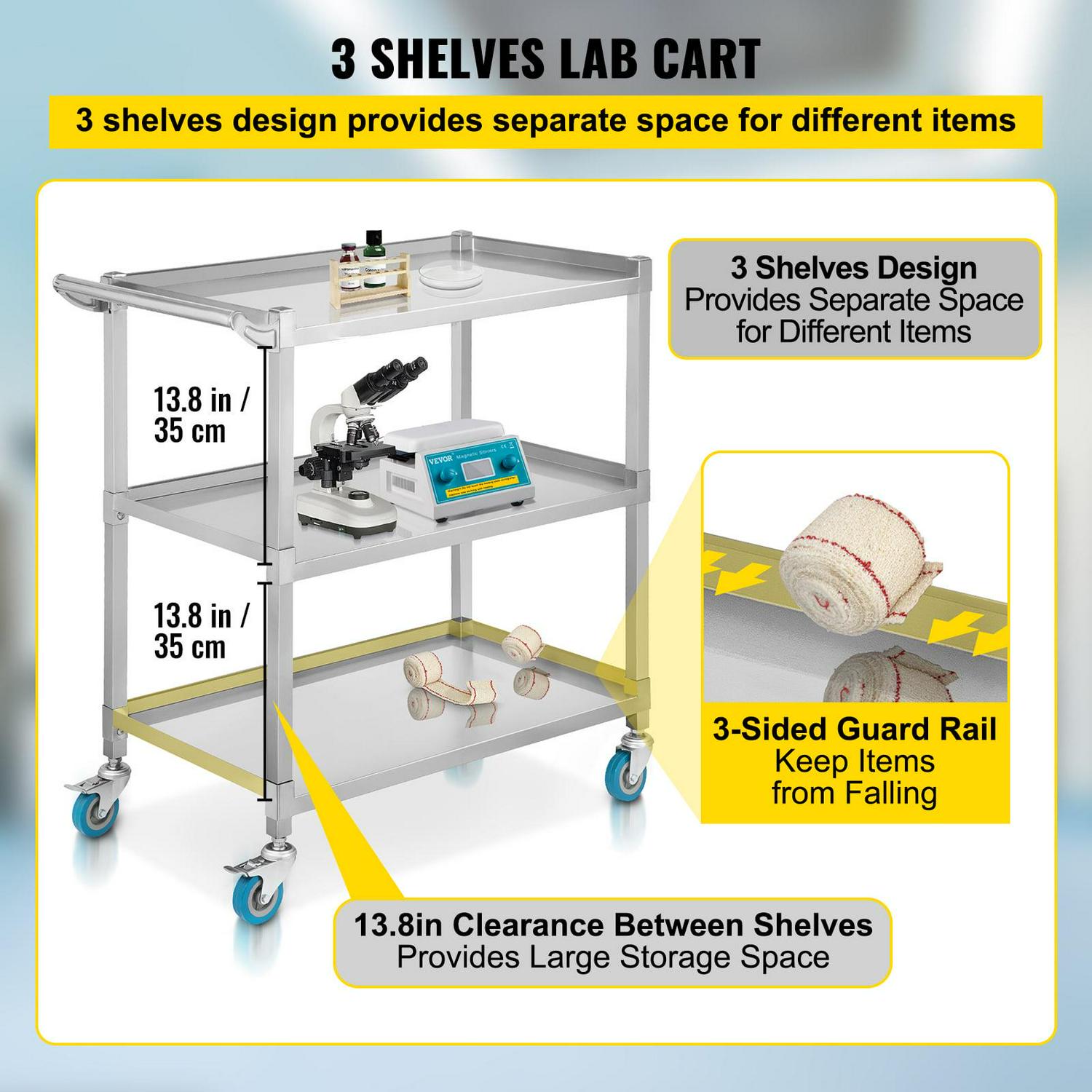 BENTISM Lab Utility Cart, 500 lbs Weight Capacity Rolling Cart, 3 Shelves Mobile Clinic Cart, Sturdy Stainless Steel Frame Lab Trolley, 360° Silent Rolling Wheels w/ Foot Brake, for Lab Clinic Salon - Image 4