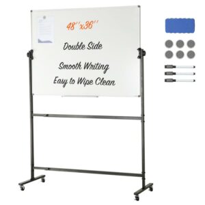 BENTISM Rolling Magnetic Whiteboard Double-sided Mobile Whiteboard 48 x 36 inch 360 Degree Reversible Rolling Dry Erase Board Height Adjustable with Lockable Swivel Wheels for Office School Home