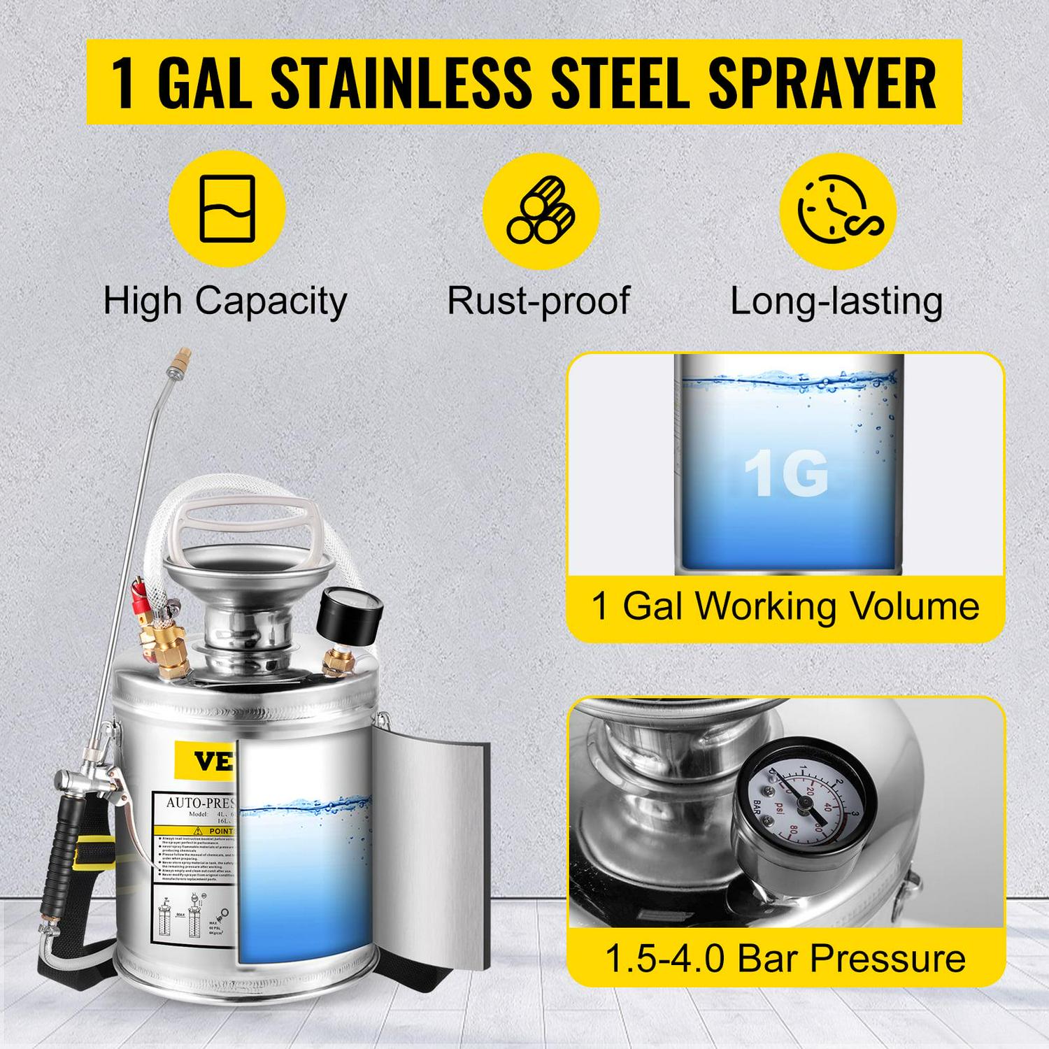 BENTISM Stainless Steel Pest Control Sprayer Handheld Pumped Garden Cleaning 1 Gallon - Image 2