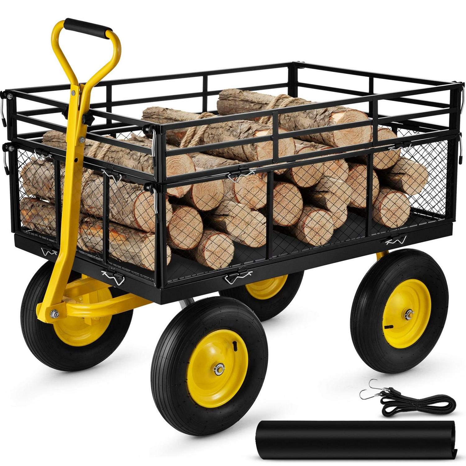 VEVOR Steel Garden Cart, Heavy Duty 1400 lbs Capacity, Pullable Yard Wagon, 2-in-1 Outdoor Utility Cart with 13" All-Terrain Tires, Removable Mesh Sides, 180° Rotating Handle
