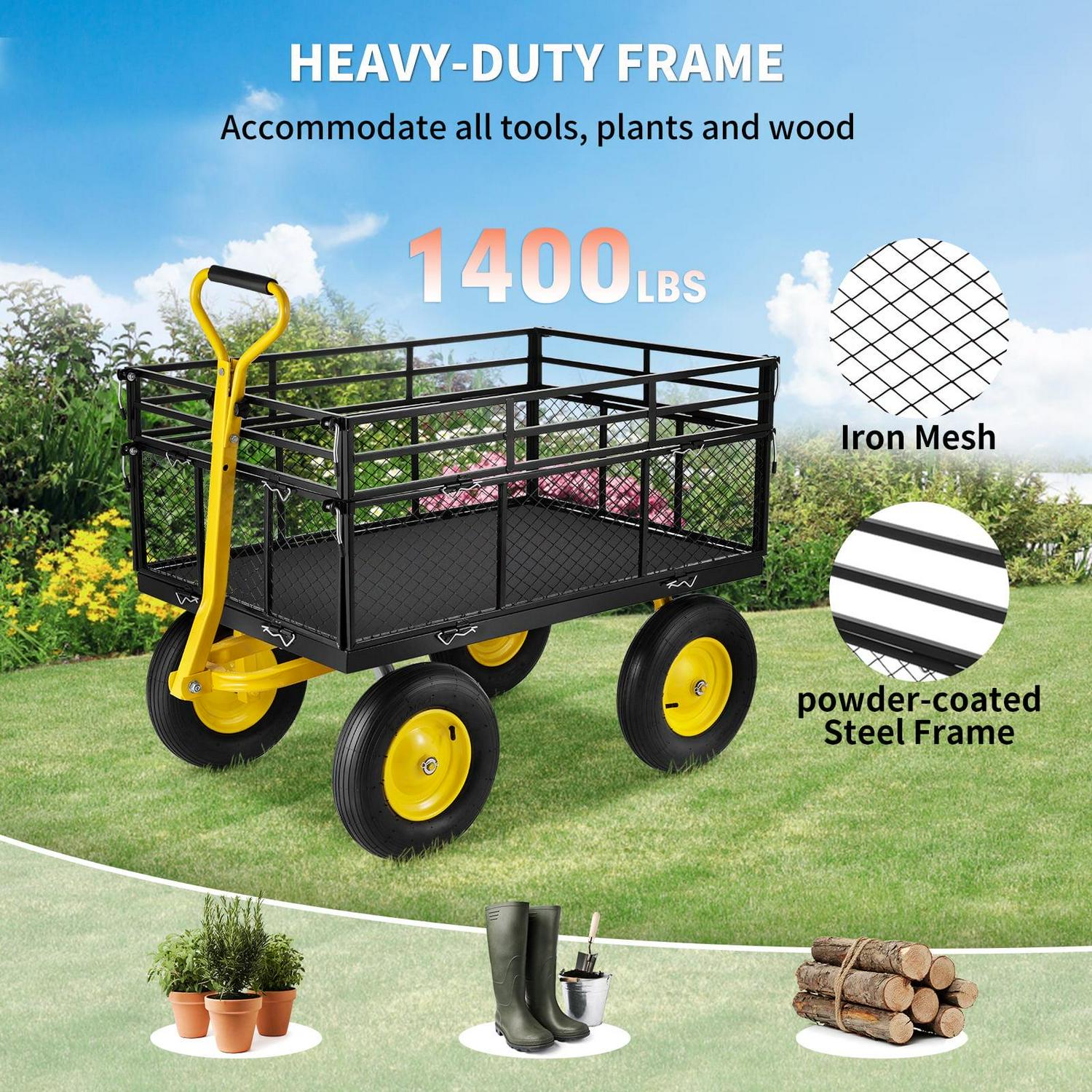 VEVOR Steel Garden Cart, Heavy Duty 1400 lbs Capacity, Pullable Yard Wagon, 2-in-1 Outdoor Utility Cart with 13" All-Terrain Tires, Removable Mesh Sides, 180° Rotating Handle - Image 3