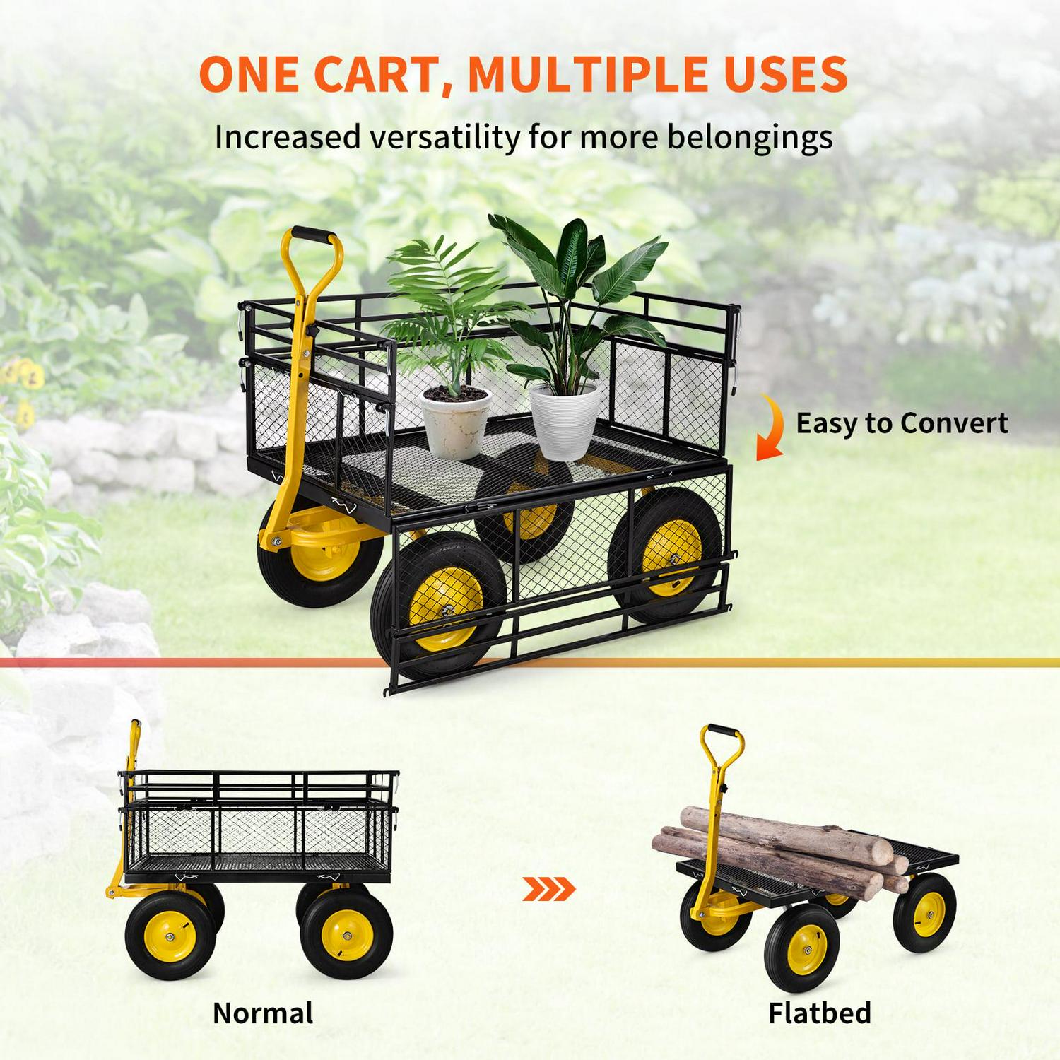 VEVOR Steel Garden Cart, Heavy Duty 1400 lbs Capacity, Pullable Yard Wagon, 2-in-1 Outdoor Utility Cart with 13" All-Terrain Tires, Removable Mesh Sides, 180° Rotating Handle - Image 4