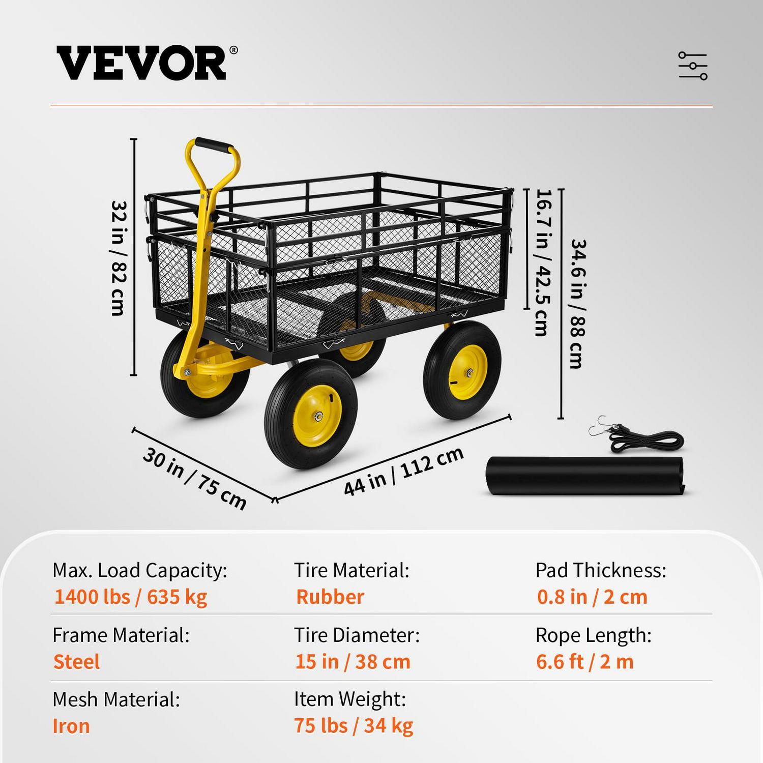 VEVOR Steel Garden Cart, Heavy Duty 1400 lbs Capacity, Pullable Yard Wagon, 2-in-1 Outdoor Utility Cart with 13" All-Terrain Tires, Removable Mesh Sides, 180° Rotating Handle - Image 7