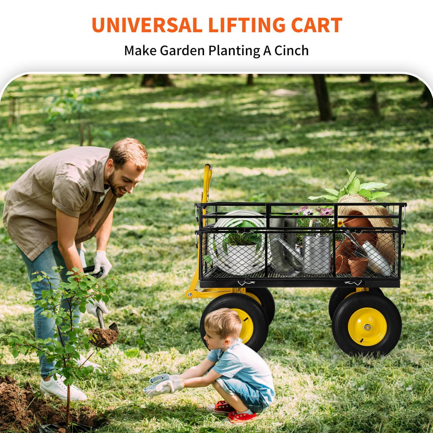 VEVOR Steel Garden Cart, Heavy Duty 1400 lbs Capacity, Pullable Yard Wagon, 2-in-1 Outdoor Utility Cart with 13" All-Terrain Tires, Removable Mesh Sides, 180° Rotating Handle - Image 2