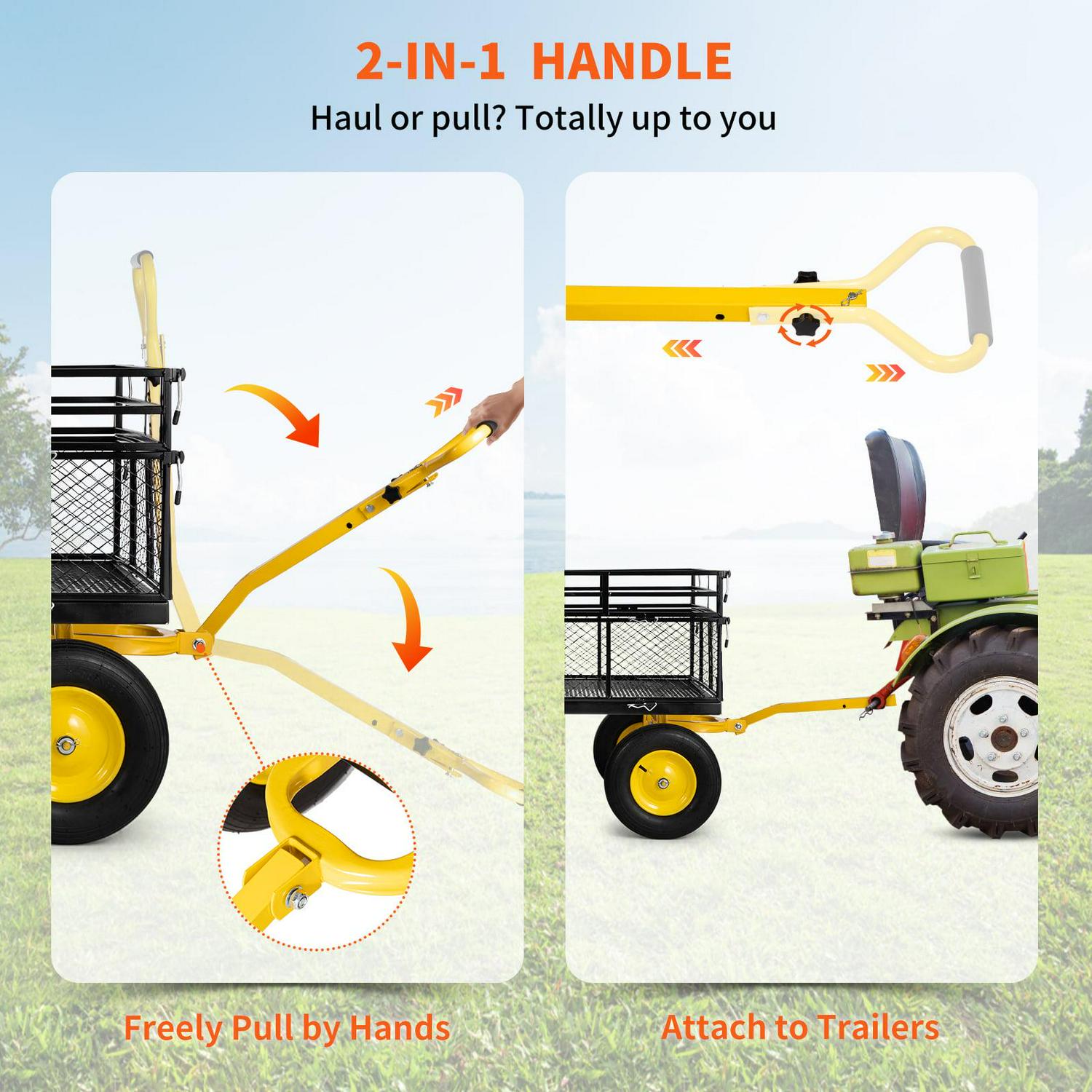 VEVOR Steel Garden Cart, Heavy Duty 1400 lbs Capacity, Pullable Yard Wagon, 2-in-1 Outdoor Utility Cart with 13" All-Terrain Tires, Removable Mesh Sides, 180° Rotating Handle - Image 6