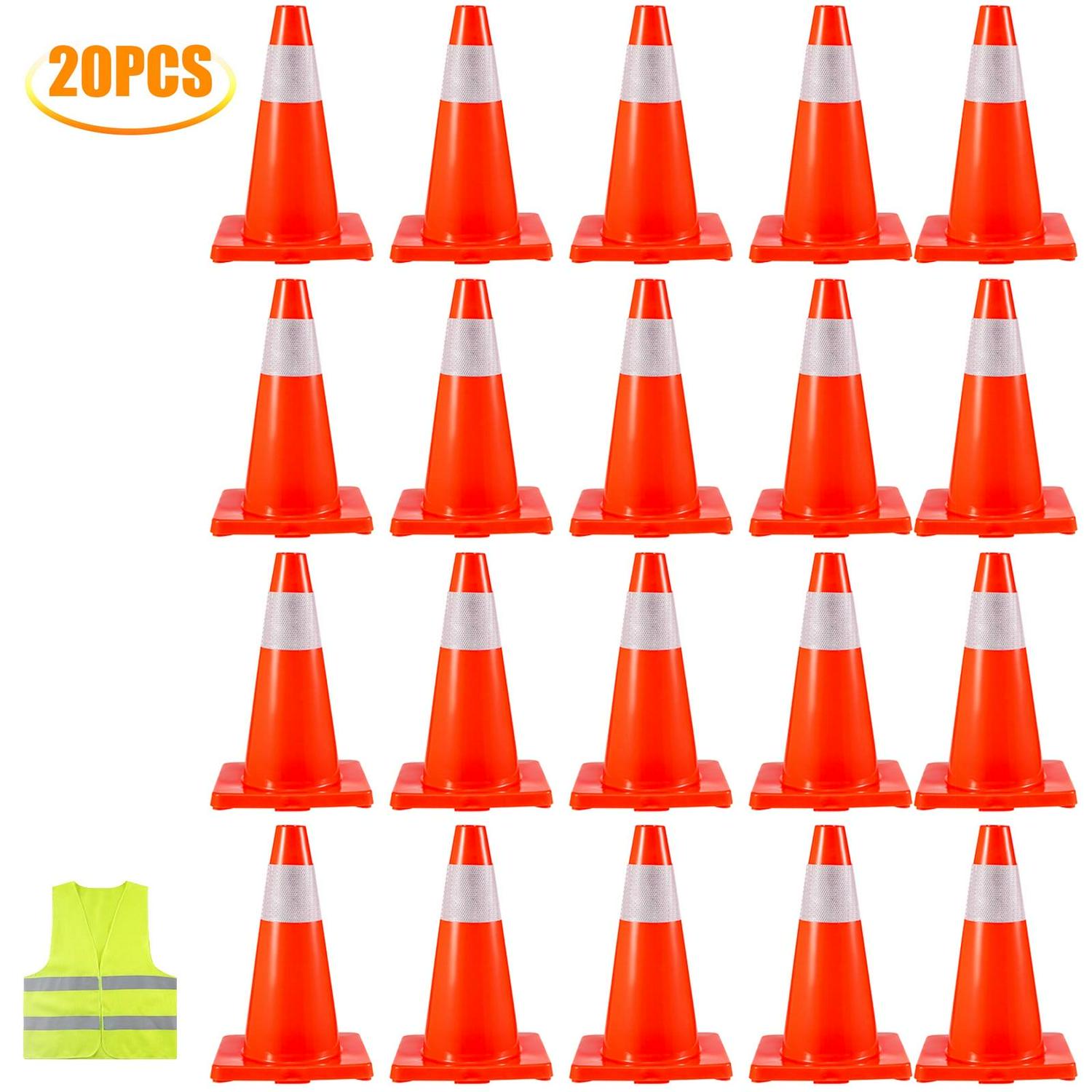 VEVOR Traffic Cones 20Pack 18", Safety Road Parking Cones PVC Base, Orange Traffic Cone with Reflective Collars, Hazard Construction Cones for Home Traffic Parking