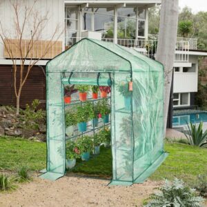 VEVOR 78x56.4x56.4in Mini Walk-in Green House Garden 3 Tier 8 Shelves Movable Plant Greenhouse Indoor Outdoor Portable Plant Gardening Canopy, W/ Roll-up Zipper Entry Door
