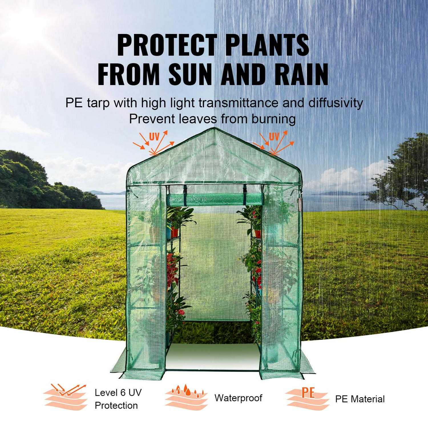 VEVOR 78x56.4x56.4in Mini Walk-in Green House Garden 3 Tier 8 Shelves Movable Plant Greenhouse Indoor Outdoor Portable Plant Gardening Canopy, W/ Roll-up Zipper Entry Door - Image 5