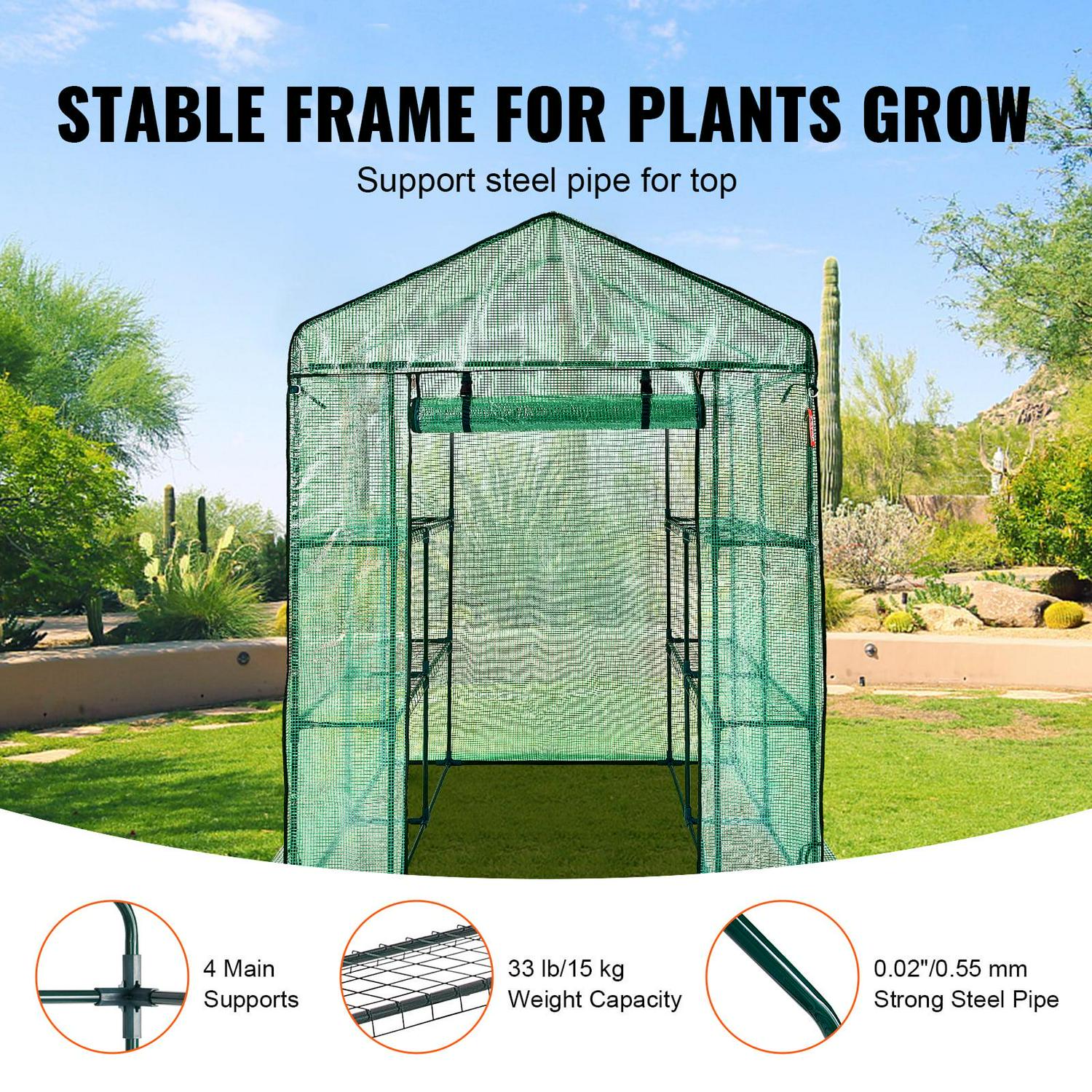 VEVOR 78x56.4x56.4in Mini Walk-in Green House Garden 3 Tier 8 Shelves Movable Plant Greenhouse Indoor Outdoor Portable Plant Gardening Canopy, W/ Roll-up Zipper Entry Door - Image 3