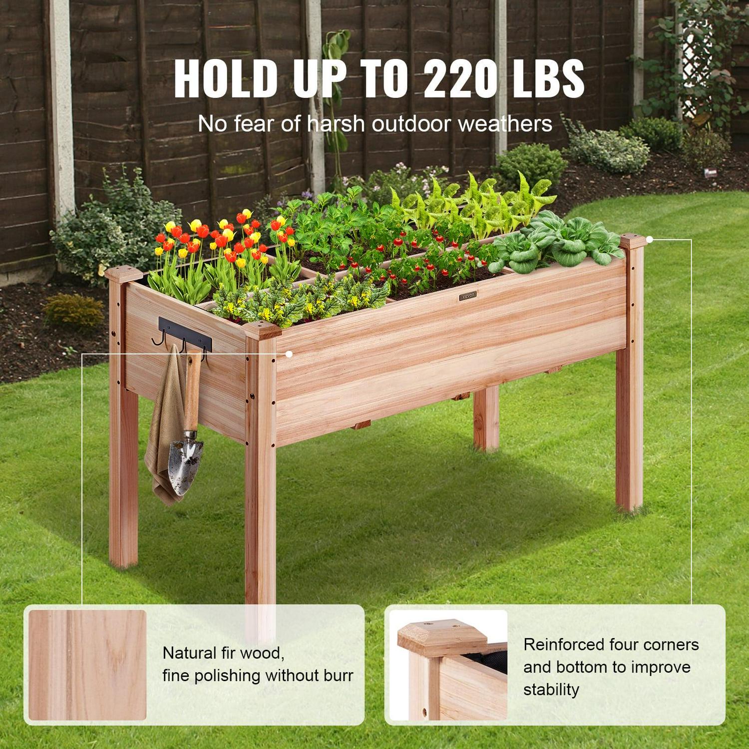 VEVOR Wooden Raised Garden Bed,47.2x22.8x30" High End Natural Fir Wood Planter Box with Sturdy Legs,Elevated Planting Stand with Non -Woven Liner and 1 Set of Tool, 220lb Capacity - Image 4