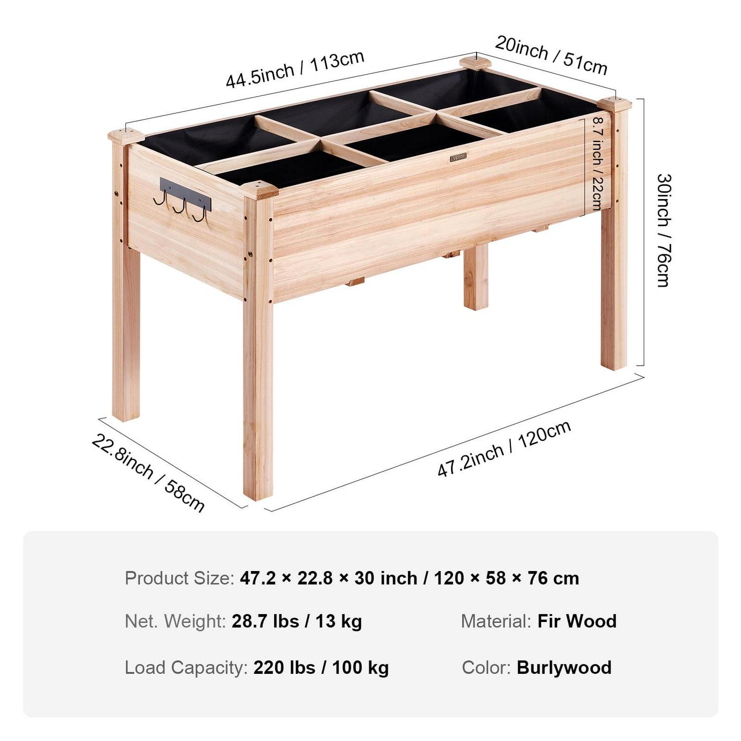 VEVOR Wooden Raised Garden Bed,47.2x22.8x30" High End Natural Fir Wood Planter Box with Sturdy Legs,Elevated Planting Stand with Non -Woven Liner and 1 Set of Tool, 220lb Capacity - Image 7