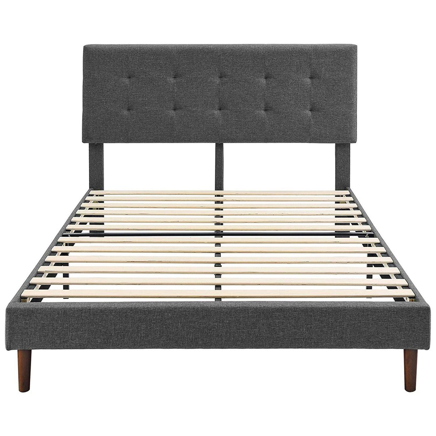 BIKAHOM Upholstered Platform Bed with Square Headboard, King, Dark Grey - Image 2