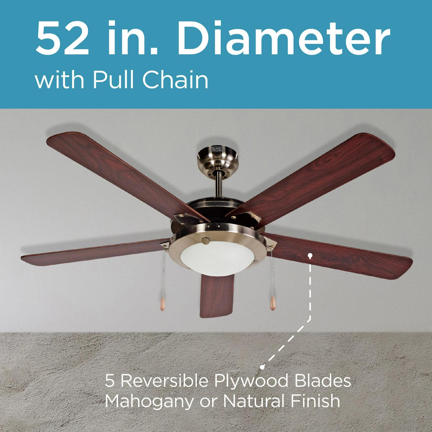 Black and Decker 52 Inch 5 Blade 3 Speed Reversible Ceiling Fan with Lighting Kit - Image 2