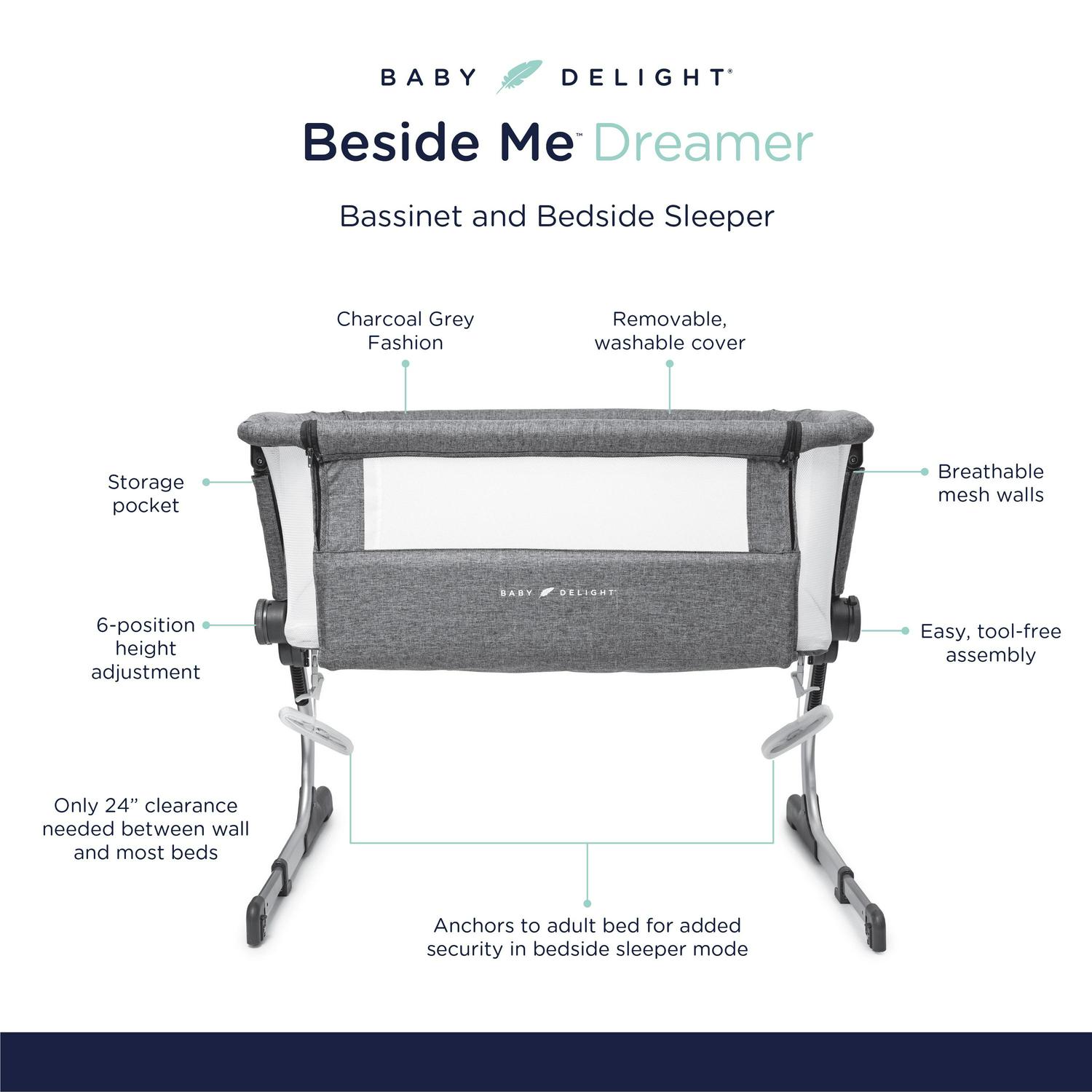 Baby Delight Beside Me Dreamer Bassinet & Bedside Sleeper, Charcoal Tweed, Ages 0-5 Months (Unisex) - Image 9