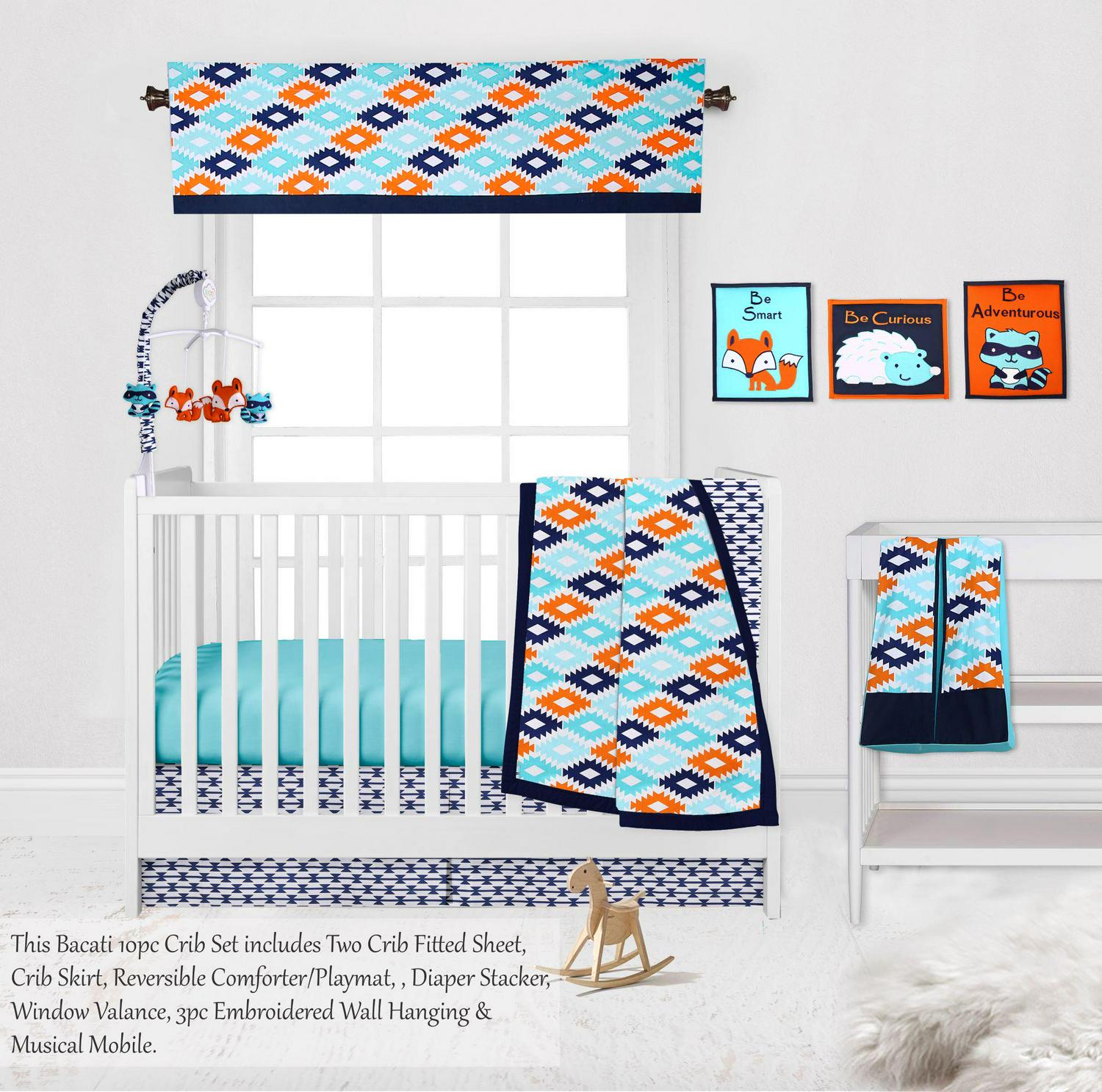 Bacati - Liam Aztec Aqua/Orange/Navy 10-Piece Nursery in a Bag Crib Bedding Set 100% Cotton Percale Unisex Crib Bedding Set with 2 crib fitted sheets - Image 2