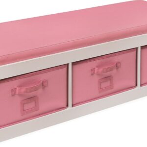 Badger Basket Children’s Wooden 17.3 gal Toy Storage Bench with Cushion and Fabric Bins, White & Pink