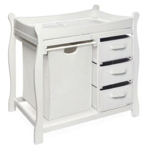 Badger Basket Sleigh Style 3 Drawers Diaper Changing Table with Hamper and Baskets, White