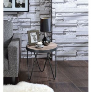 ACME Bage Round Wooden Top End Table in Weathered Gray Oak