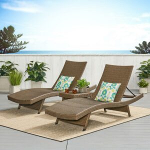 Bailee Outdoor 3 Piece Armless Wicker Chaise Lounge and Table Set, Mix Mocha