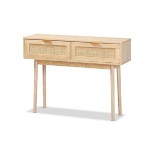 Baird Mid-Century Modern Light Oak Brown Finished Wood and Rattan 2-Drawer Console Table