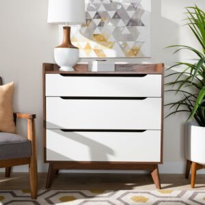 Bartel Mid-Century Modern White and Walnut Wood 3-Drawer Storage Chest by Bellamy Studios