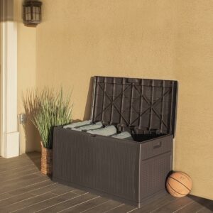 Barton Outdoor Storage Deck Box, 120 Gallon Resin Patio Bin, Wood Grain, Brown