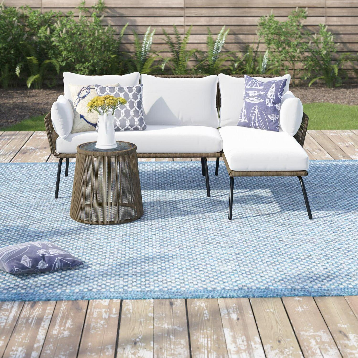 Barton 3-Piece Patio Sectional Set - Outdoor Rattan Sofa with Side Table - 3 Pieces, Cream - Image 2