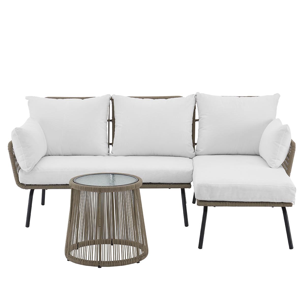 Barton 3-Piece Patio Sectional Set - Outdoor Rattan Sofa with Side Table - 3 Pieces, Cream - Image 4