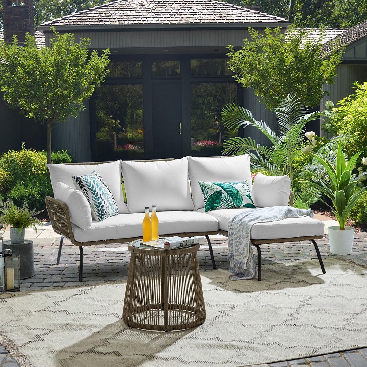 Barton 3-Piece Patio Sectional Set - Outdoor Rattan Sofa with Side Table - 3 Pieces, Cream