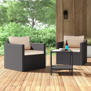 Barton 3pcs Outdoor Patio Set Seating Group Cushion Wicker/Rattan with Table Set, Black/Beige