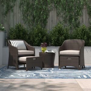 Barton 5 Pieces Patio Rattan Wicker Set 2 Seats Sofa Ottoman with Side Storage Table Beige Cushion