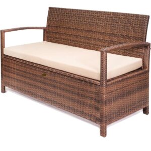Barton All-Weather Deck Box Bench Storage with Backrest Armrest Wicker with Seat Cushion, Brown