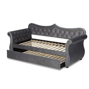 Baxton Studio Abbie Grey Velvet Upholstered and Crystal Tufted Twin Daybed with Trundle
