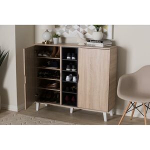 Baxton Studio Adelina Mid-Century Modern 2-Door Oak and Gray Wood Shoe Cabinet