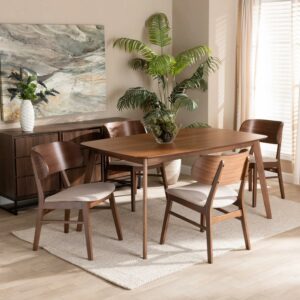 Baxton Studio Alston Mid-Century Modern Beige Fabric Upholstered and Walnut Brown Finished Wood 5-Piece Dining Set