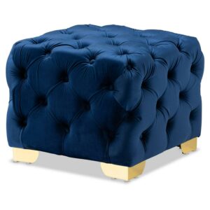 Baxton Studio Avara Glam and Luxe Royal Blue Velvet Fabric Upholstered Gold Finished Button Tufted Ottoman