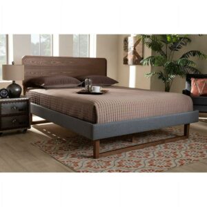 Baxton Studio Ayla Mid-Century Modern Dark Grey Fabric Upholstered Walnut Brown Finished Wood Queen Size Platform Bed