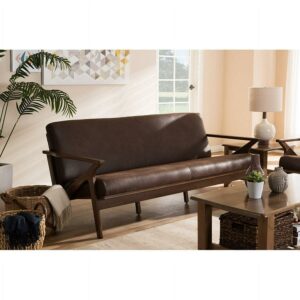 Baxton Studio Bianca Mid-Century Modern Walnut Wood Dark Brown Distressed Faux Leather 3-Seater Sofa
