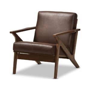 Baxton Studio Bianca Mid-Century Modern Walnut Wood Dark Brown Distressed Faux Leather Lounge Chair