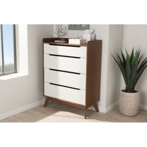 Baxton Studio Brighton Mid-Century Modern White and Walnut Wood 4-Drawer Storage Chest