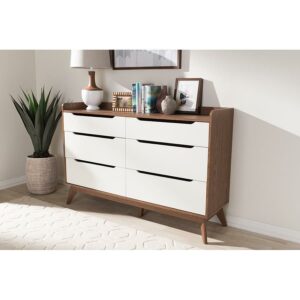 Baxton Studio Brighton 6 Drawer Double Dresser in White and Walnut