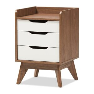 Baxton Studio Brighton Mid-Century Modern White and Walnut Wood 3-Drawer Storage Nightstand
