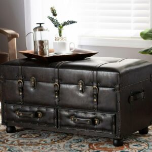 Baxton Studio Callum Modern Transitional Distressed Dark Brown Faux Leather Upholstered 2-Drawer Storage Trunk Ottoman